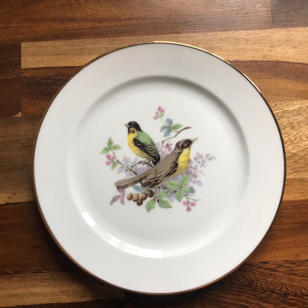 Vintage JKW Heinlich Western Germany Fine Porcelain Bird Plates Gold Set of 3
